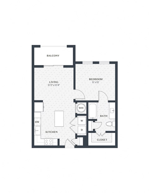 Floor plan for 1 bed, 1 bath, 635 sqft